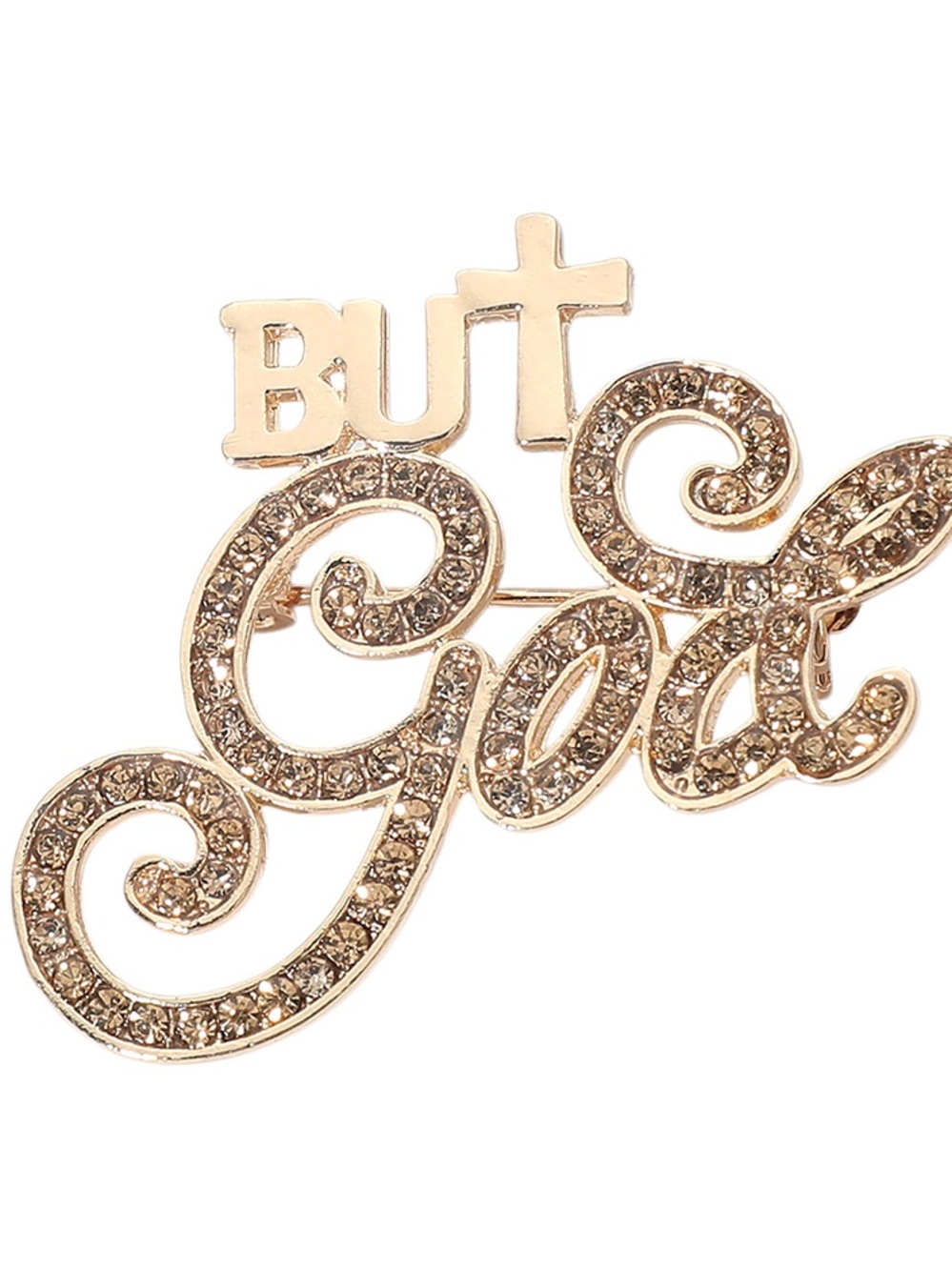 Gold-tone 'But God’ Script Brooch with Crystal Accents